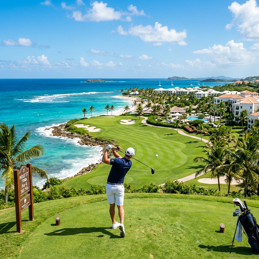 All-inclusive resort golf course overlooking the Caribbean ocean