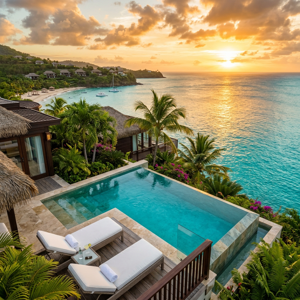 Luxury private plunge pool at an all-inclusive resort overlooking the Caribbean